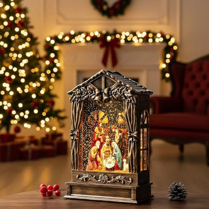 Three Kings Three Saints Window Christmas Snow Globe Swirling Glittering Nativity Figurines Manger Scene, USB Lined/Battery Operated Lighted Water Lantern for Christmas Festival Decoration Gifts