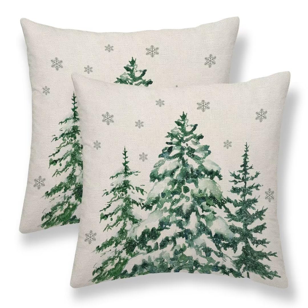 Sunshineyan Christmas Pillow Covers 16X16 Inch Set of 2 Forest Trees Christmas Decor Pillow Covers Green Throw Pillows Winter Christmas Cushion Cases Linen for Home Decor Sofa Couch Living Room