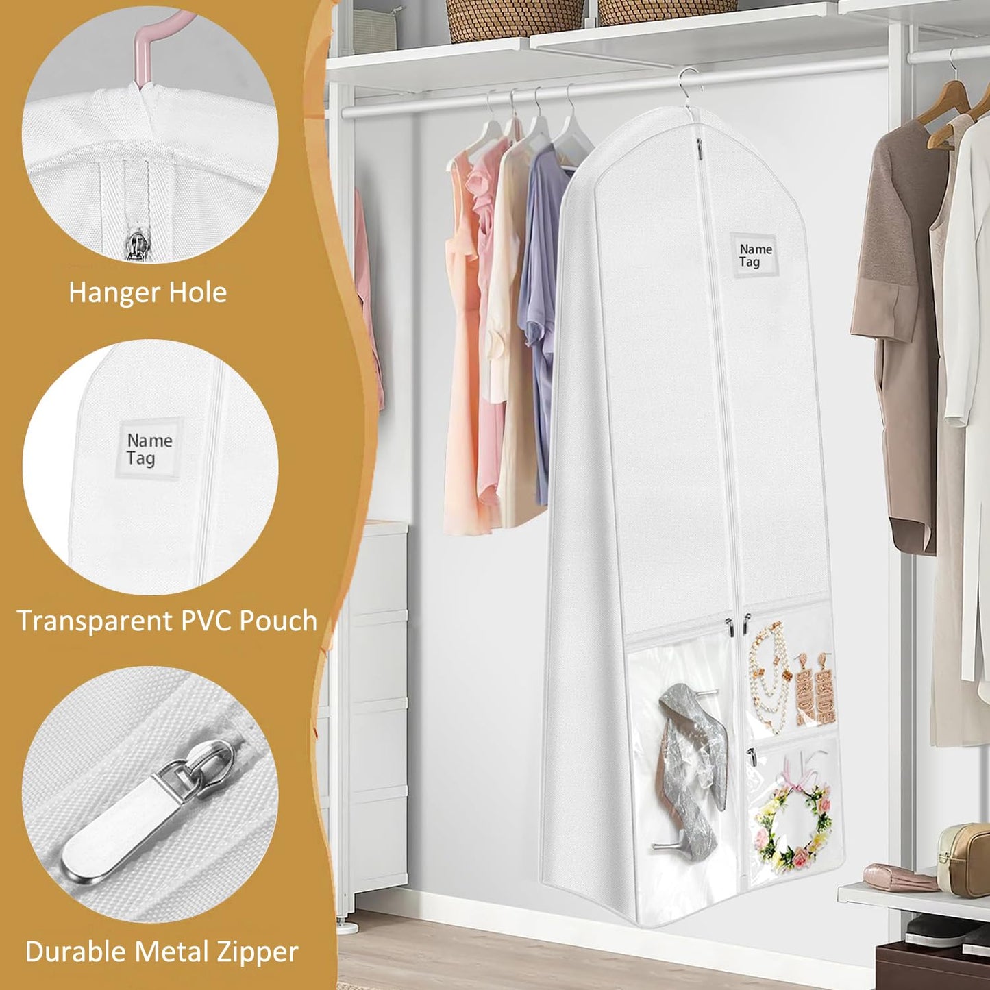 72" Wedding Dress Garment Bag with Bride Tote Bag 10'' Gusseted Dress Bags for Gowns Long 4 Pockets Dress Bag Garment Storage Cover for Women, White