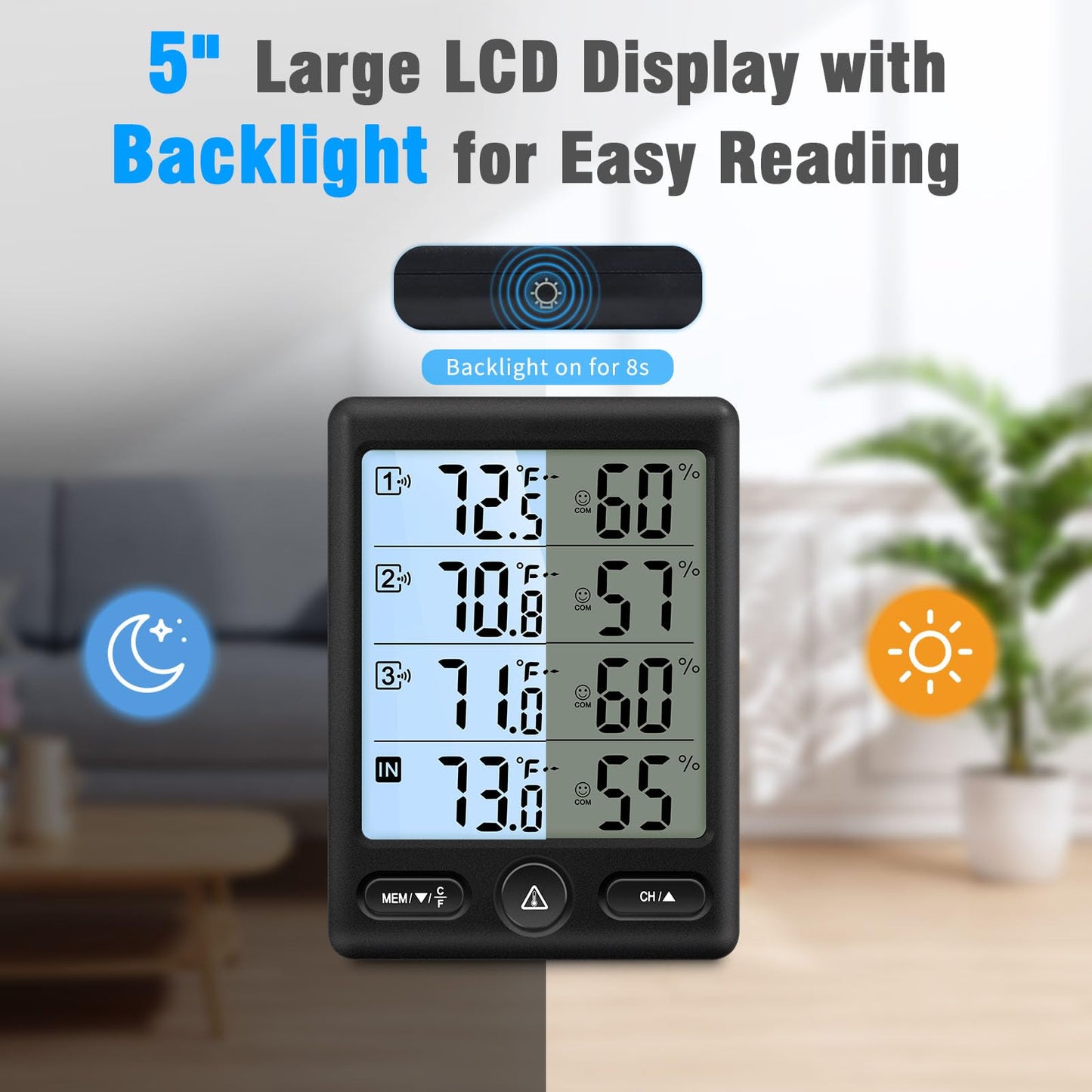 Geevon Indoor Outdoor Thermometer Wireless with 3 Remote Sensors, Digital Hygrometer Thermometer, Wireless Temperature Humidity Monitor Gauge with 200FT/60M Range (Black)