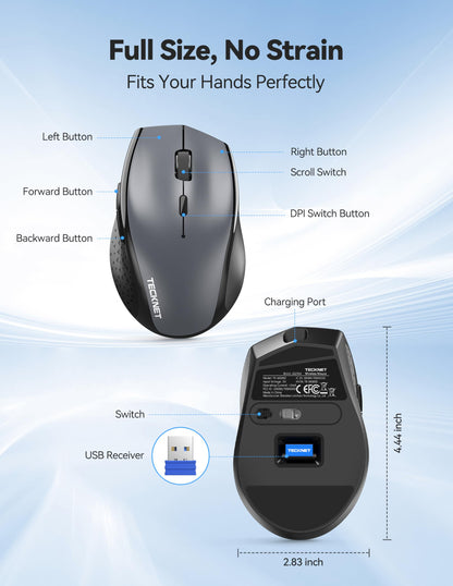 TECKNET Wireless Mouse Rechargeable,Mouse for Laptop Computer,2.4G USB Computer Mice Wireless,6 Button 6400 DPI Ergonomic Silent Mice,Portable Cordless Travel Mice-Wide Compatibility