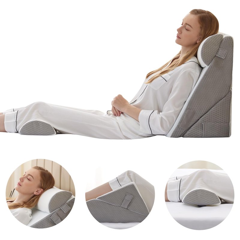 Bedluxe Adjustable 4pcs Bed Wedge Pillow Set, Memory Foam Wedge Pillows Post Surgery for Back, Neck, Leg Pain Relief, Pillow Wedge for Sleeping, Sitting up in Bed, Acid Reflux and GERD, White/Grey