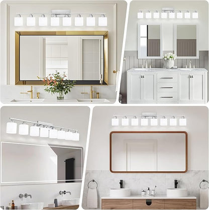 Brushed Nickel Light Fixture Bathroom for Huge Mirror, 8 Light Mirror Lights with Milky White Frosted Glass Shades, 51 inch Bathroom Mirror Lights for Mirrorss, E26 Socket