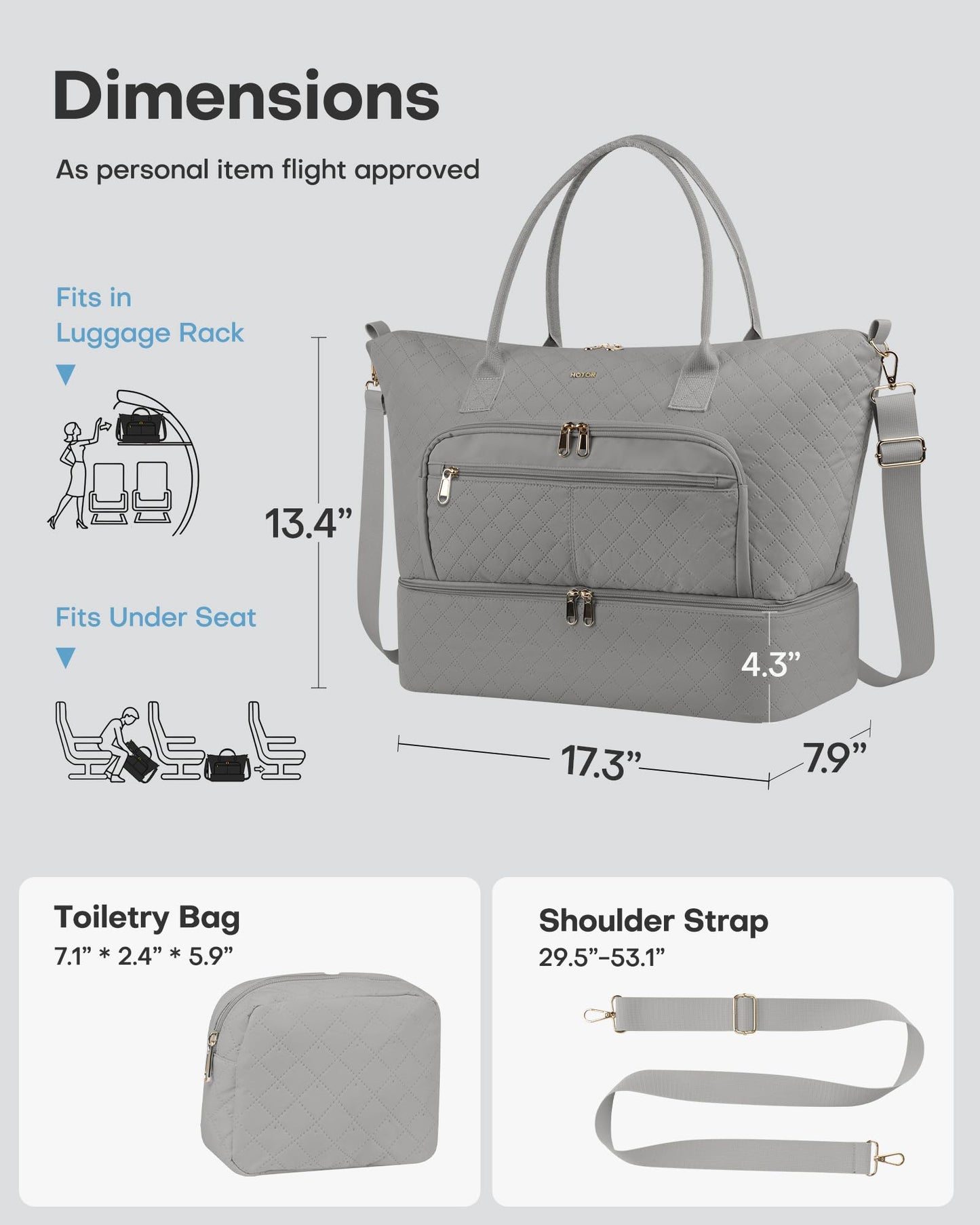 HOTOR Travel Duffle Bag for Women - Carry on Bag with Toiletry Pouch & Shoe Compartment, Large Overnight Weekender Bags for Gym, Business Trips, Sports and Hospital, Gray, 17.3" x 7.9" x 13.4"