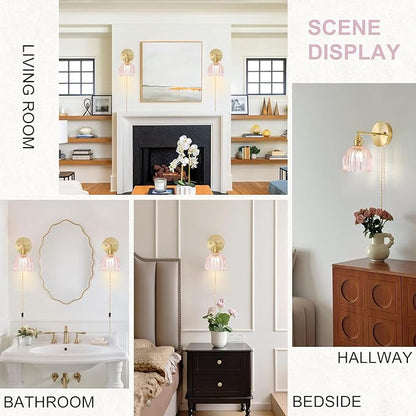 Plug in Wall Sconces Set of 2, Vintage Wall Sconce Light with Tulip Pink Glass Lampshade, 180° Adjustable Wall Sconce with Switch and Plug in wall lamp Cord, Gold Wall Light Wall Decor Set of 2