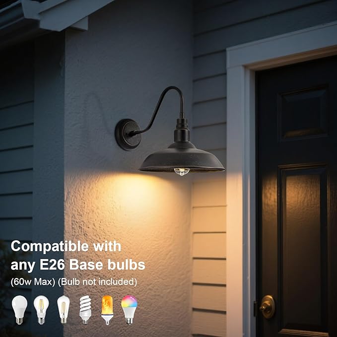 Gooseneck Outdoor Light Fixture, 10" Dome Exterior Farmhouse Lights for Barn, Bronze Porch Lighting, Gooseneck Wall Sconce for Patio Garage House