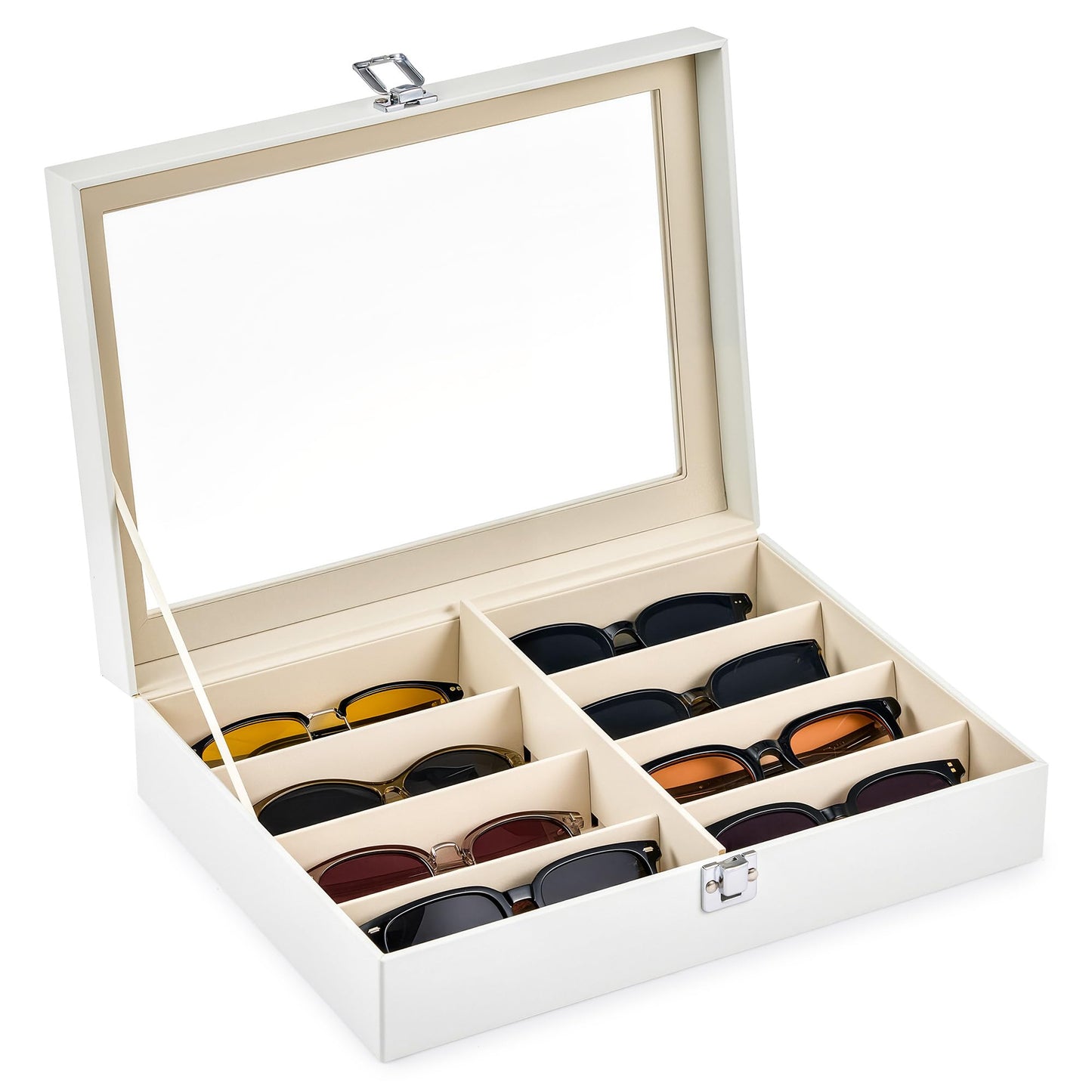 CO-Z Sunglasses Organizer with 8 Slots, Leather Eyeglasses Storage Box for Multiple Glasses, Lockable Display Case for Women Men, Glasses Holder for Watches Jewelry Collection, White