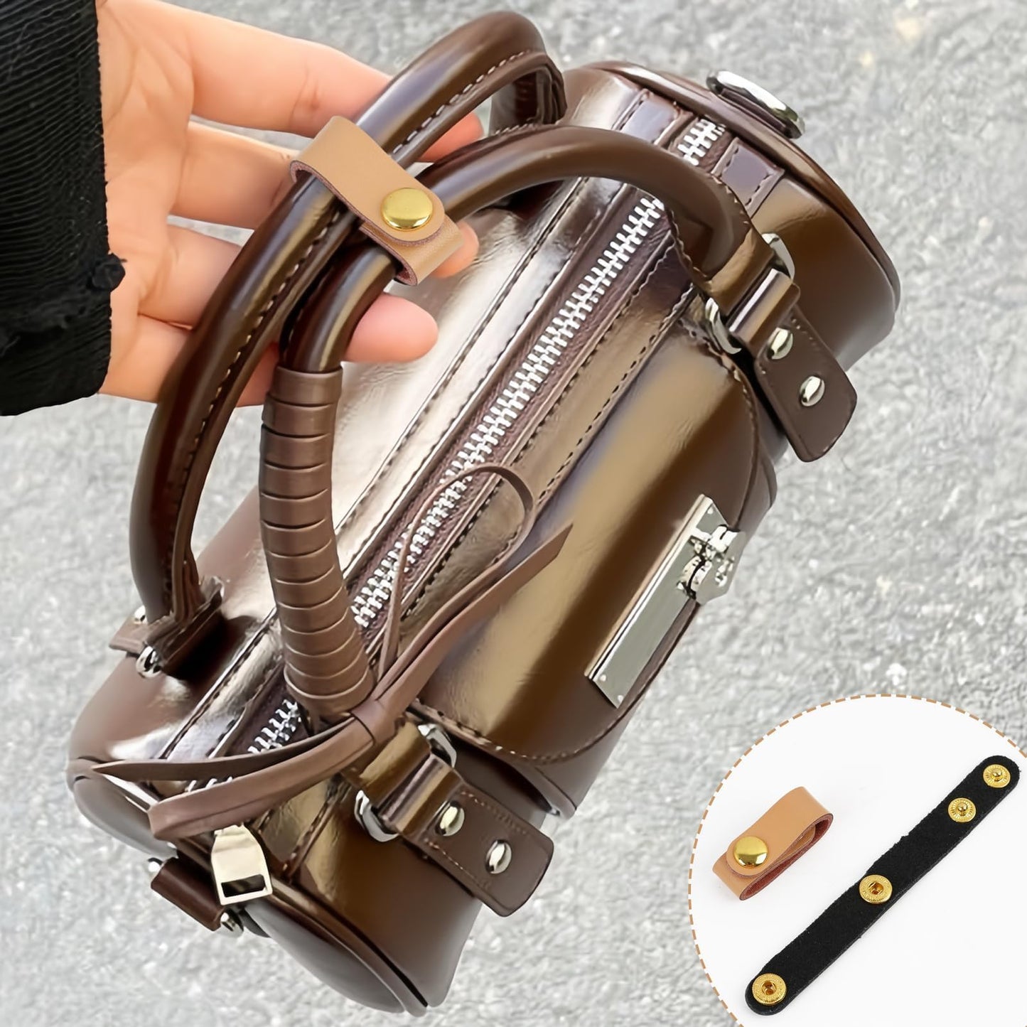 2 Pcs PU Leather Handbag Strap Shortener, Top Handle Keeper with Snap Buckle, Non-Slip Dual Grip Connection Buckle Holder for Shoulder Bag, Purse, Satchel, Clutch, or Wallet (Black and Light Brown)
