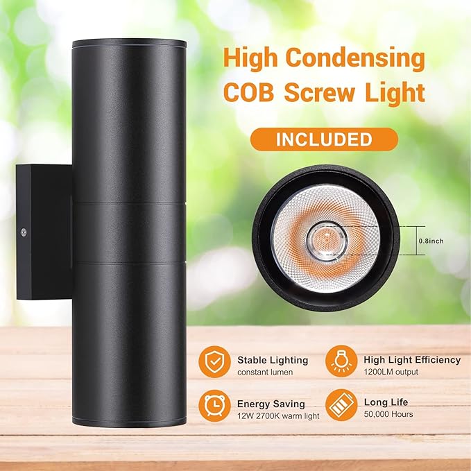 Dimmable Wall Lights Outdoor 2 Packs, Integrated LED Cylinder Up Down 12W 2700K Modern Aluminum Light, Waterproof Exterior Light for Porch Patio Door