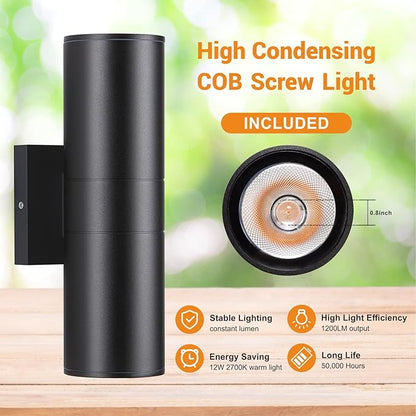 Dimmable Wall Lights Outdoor 2 Packs, Integrated LED Cylinder Up Down 12W 2700K Modern Aluminum Light, Waterproof Exterior Light for Porch Patio Door