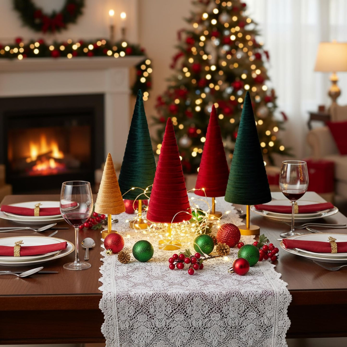 Hoolerry 6 Pcs Christmas Velvet Trees with Gold Pedestal Christmas Velvet Cones Tree Mantel Decor Modern Rustic Winter Home Minimalist for Holiday Entryway Table Wedding Centerpiece(Xmas)