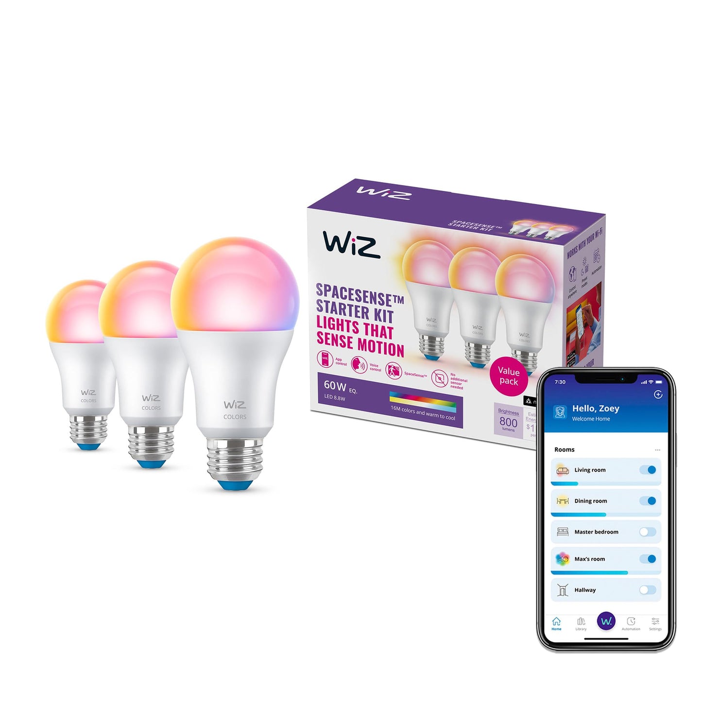 WiZ Connected Smart Light Bulbs, Sunset to Sunrise Automation + Motion Detection + Control with Voice or App, Full Color A19 60W 800LM Indoor, Matter Compatible -3 Pack
