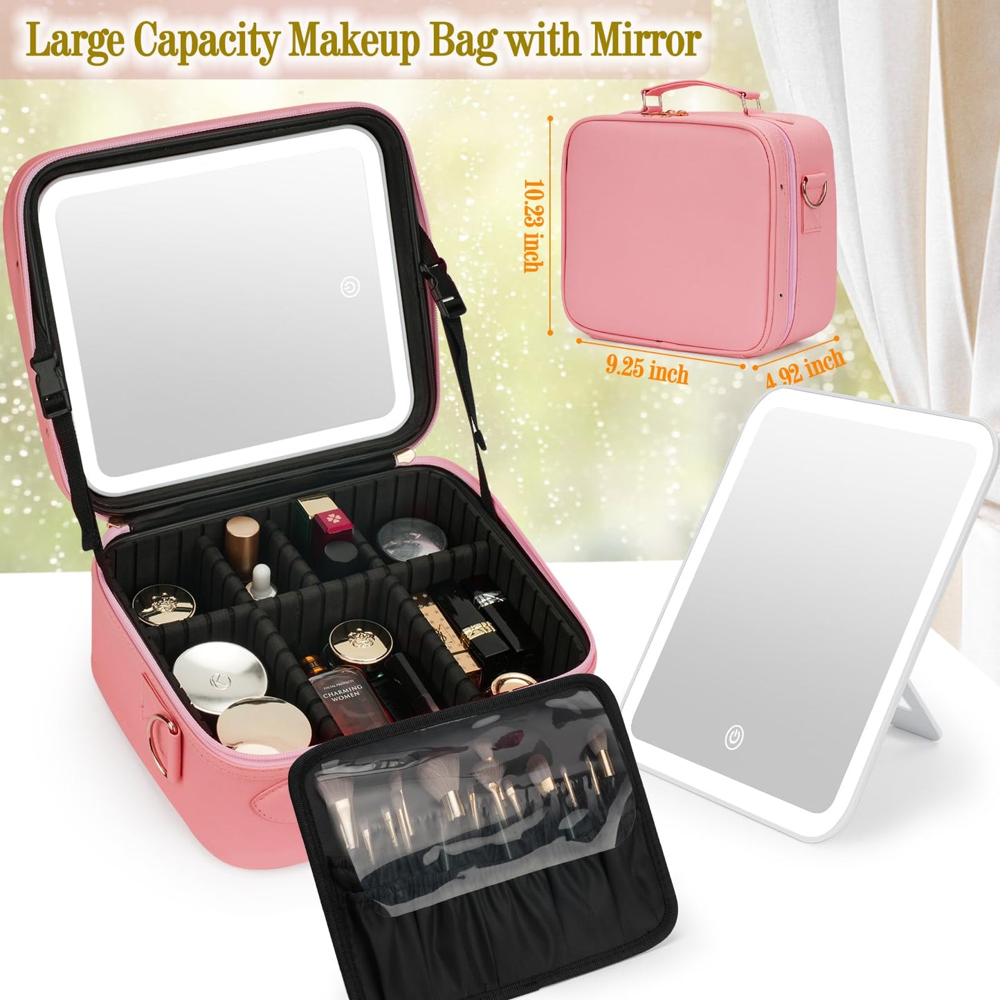 Travel Makeup Bag with Light Up Mirror,Makeup Travel Case with adjustable dividers,Waterproof Makeup Train Case,lighted Makeup Case with Detachable Mirror
