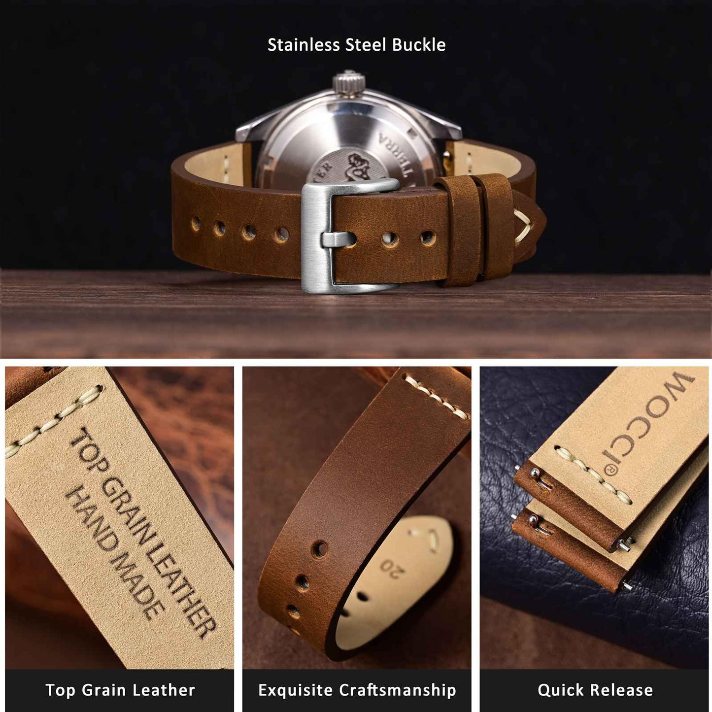 WOCCI 22mm Old-fashioned Watch Band for Men, Top Grain Leather, Silver Brushed Buckle (Caramel Brown)