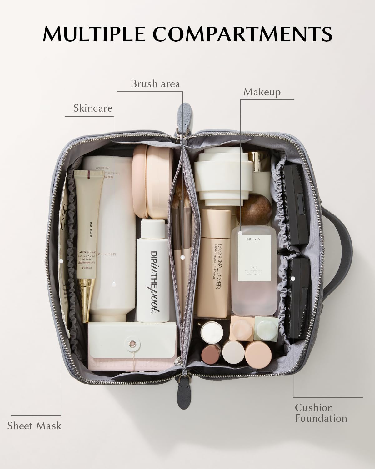 EACHY Leather Makeup Bag, Portable 180° Wide-Open Flat Cosmetic Bag for Women, Large Capacity Make Up Organizer Makeup Pouch with Divider and Handle