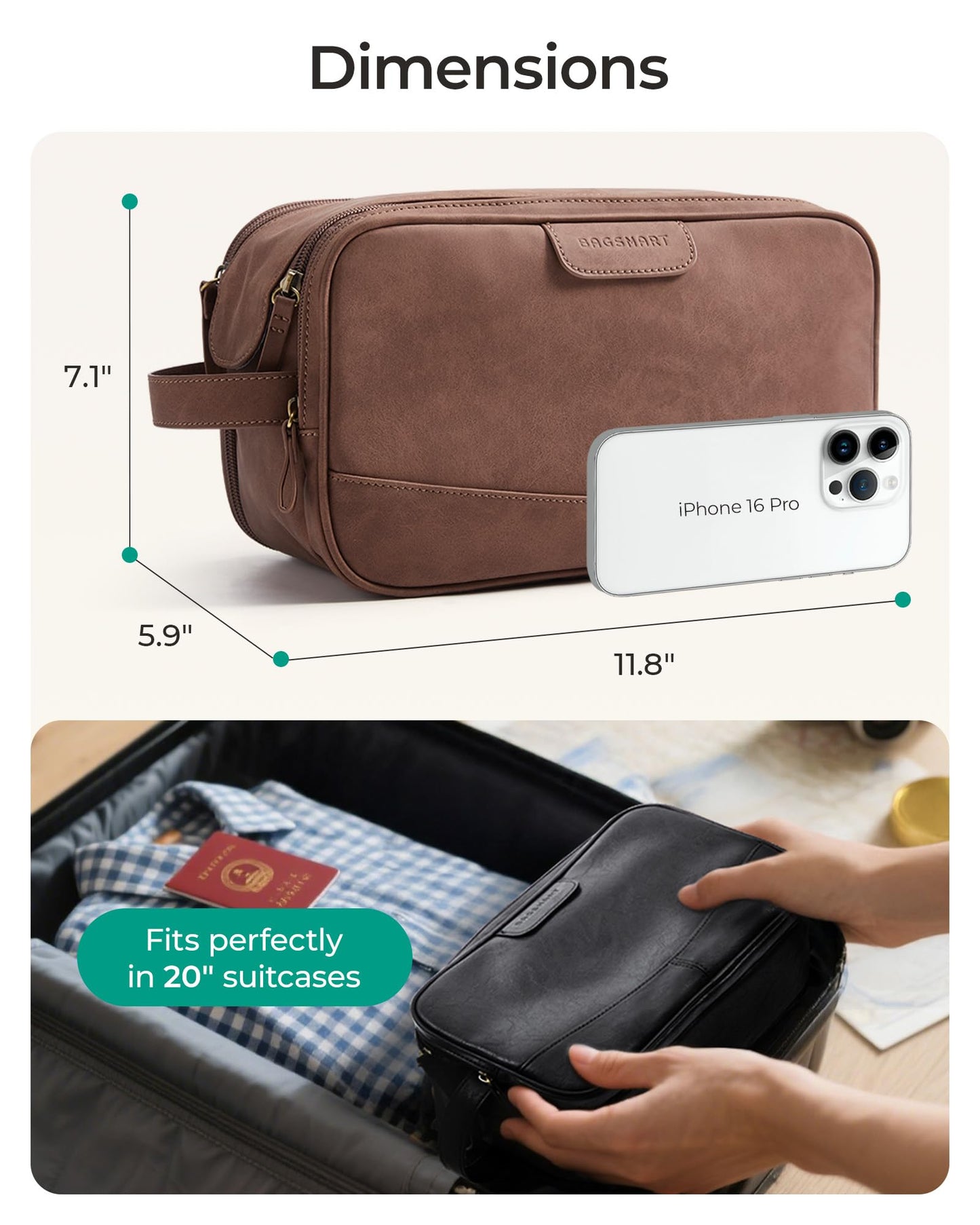 BAGSMART Large Toiletry Bag for Men, Soft Matte PU Leather Travel Bag for Toiletries, Dopp Kit Water Resistant Shaving Bag for Bathroom Shower-Dark Brown
