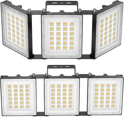 300W LED Outdoor Flood Light, 30000LM Super Bright Stadium Light, 6000K Daylight White, IP66 Waterproof 3 Heads Adjustable Outdoor Floodlights, Backyard, Court, Garden(2 Pack)