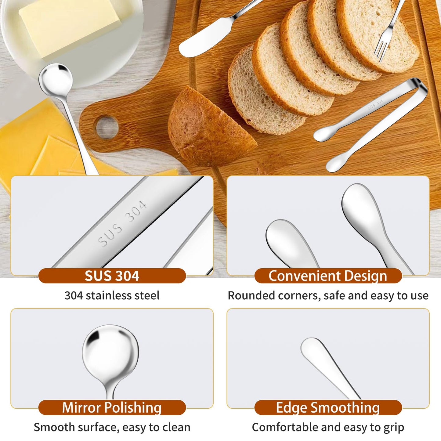 48 Pcs Charcuterie Boards Accessories Butter Spreader Knives Set Stainless Steel Cheese Mini Serving Tongs Spoons Forks Dipping Bowl Toothpick Flags Utensil for Pastry Making Wedding Christmas(Sliver)