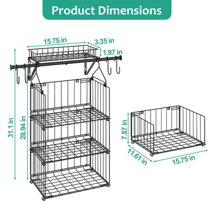 BUKFEN 3 Tier Hanging Closet Organizer, Wall Mounted Wire Storage Shelf with 4 Hooks, Foldable Stackable Organizer for Laundry Room, Bedroom, Bathroom, 1 Pack