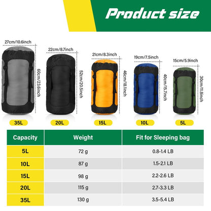 GliCraft 5 Pcs 5L/10L/15L/20L/35L Camping Sleeping Bag Compression Sacks for Backpacking Water Resistant Sleeping Bag Stuff Sack Space Saving Storage Sack for Hiking Gear(Dark Colors)