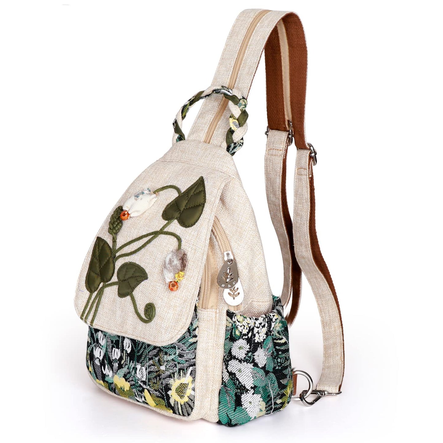 Girl's Convertible Sling Bag, Hand Craft Artisan Purse, Beautiful Canvas Premium Casual Day Mini Backpack for Women (Green Marsh)