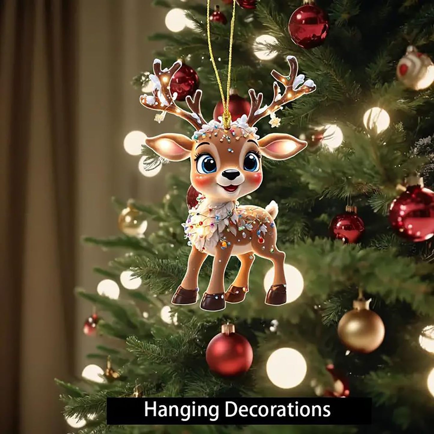 Christmas Tree Ornament Decoration,9Pcs Christmas Tree Acrylic Pendant, Cute Reindeer Xmas Tree Accessories Christmas Pendants Hanging, Fun Reindeer Christmas Ornament