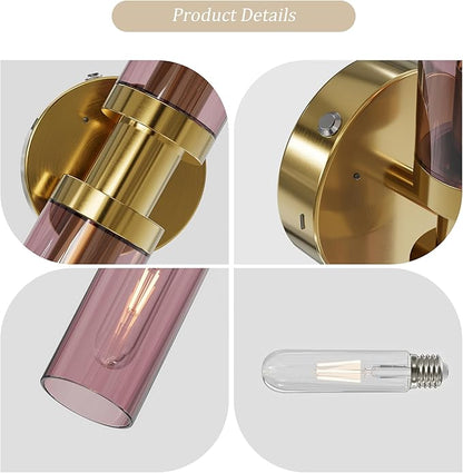 Rechargeable Battery Wall Sconce Set of Two, 8000mAh Cordless, Dimmable, Timer, Remote, Touch Control, USB-C Charging for Living Room, Bedroom Gold with Wine Red Lampshade (Include 4 Special Bulbs)
