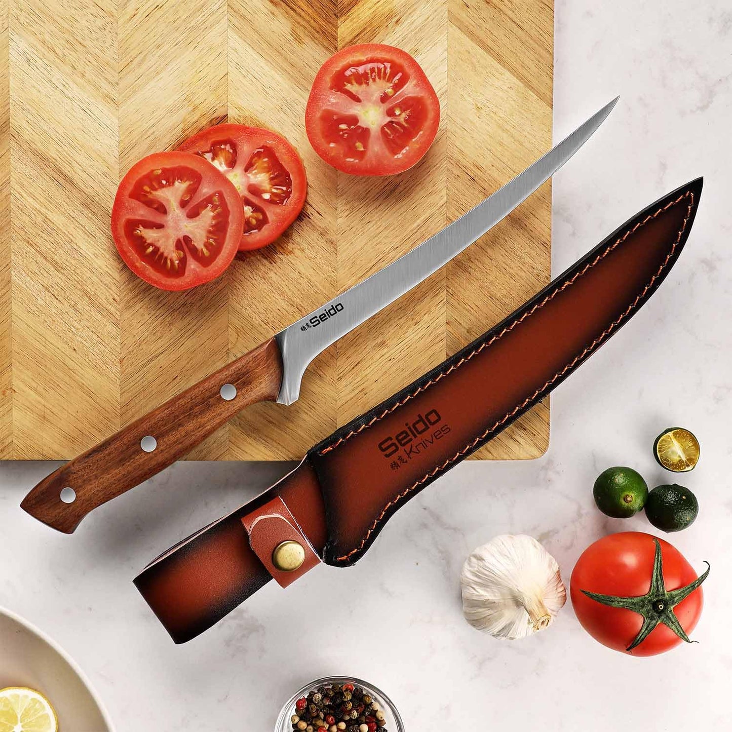 Seido Knives Caveman 7.5" Fillet Knife – Flexible Stainless Steel Blade with Rosewood Handle & Leather Sheath