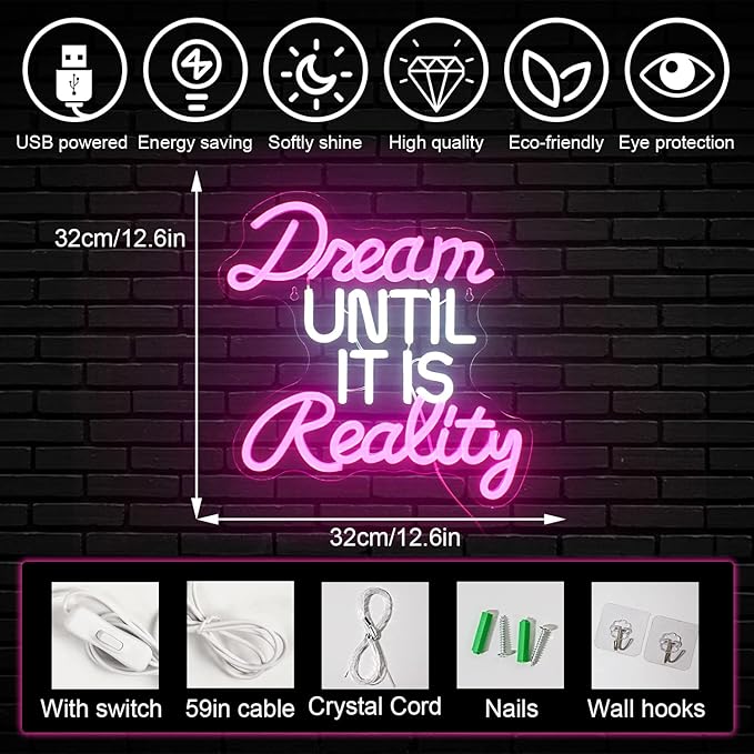 Horseneon Dream Until It Is Reality Neon Led Sign, Letter Neon Signs for Wall Decor, Neon Lights with USB Powered for Bedroom, Office, Livingroom, Study (Pink&White)