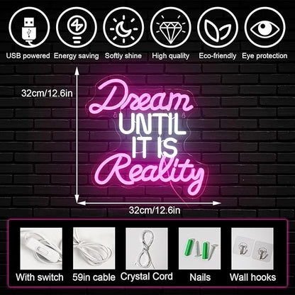Horseneon Dream Until It Is Reality Neon Led Sign, Letter Neon Signs for Wall Decor, Neon Lights with USB Powered for Bedroom, Office, Livingroom, Study (Pink&White)