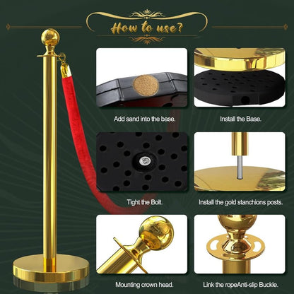 SuiROYI 4 Pcs Gold Stanchions with Velvet Ropes with 3 Pcs 5 Ft Red Velvet Ropes Carpet Ropes Posts Stanchion Set for Crowd Control Barriers for Weddings, Events, Hotels, and Party Decor