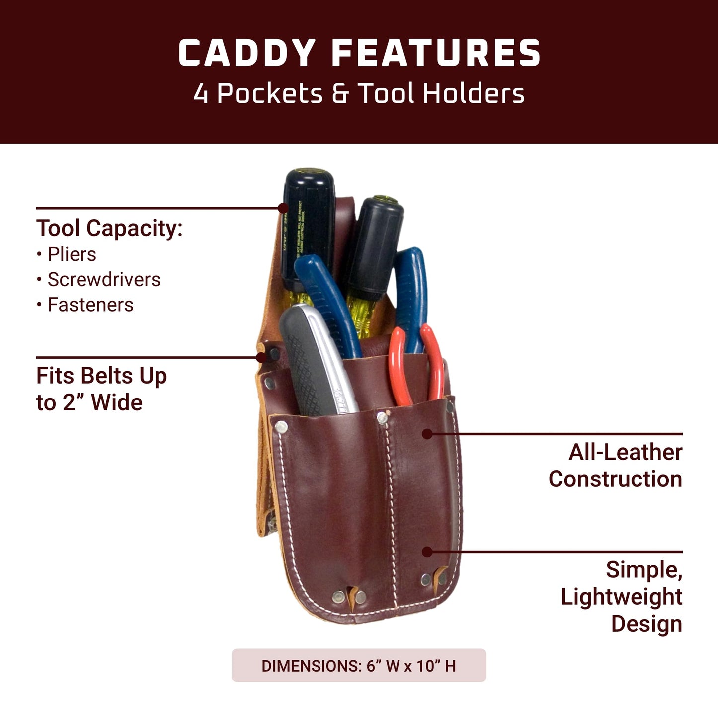 Occidental Leather Pocket Caddy - Brown - 4 Pockets & Tool Holders - Belt Compatibility Up to 2" Wide - Lightweight - Made in USA