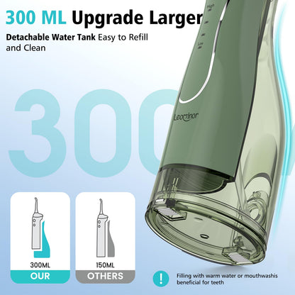 Leominor Water Flosser Pick for Teeth, 300ML Portable Oral Irrigator Upgraded Tank Removable,IPX7 Waterproof, Rechargeable Travel Teeth Cleaner, Professional Electric Flossing Machine (Pink)