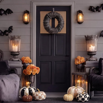 Pinkunn 6 Pcs Halloween Black and White Pumpkins Fall Decor White and Brown Yellow Checkered Striped Resin Pumpkin Decoration for Thanksgiving Autumn Farmhouse Porch Decorations Table Centerpieces