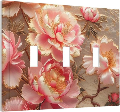 Pink Blooming Flowers Peonies Floral Light Switch Covers 3 Gang Triple Toggle Wall Plate Decorative Switch plate Electrical Faceplate for Farmhouse Living Decor