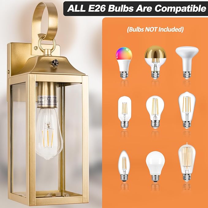 Dusk to Dawn Wall Lights 2 Pack, Gold Outdoor Light Fixtures, 15 Inch Exterior Wall Sconces Waterproof, Large Outside Lights for House, Modern Wall Lanterns Clear Glass