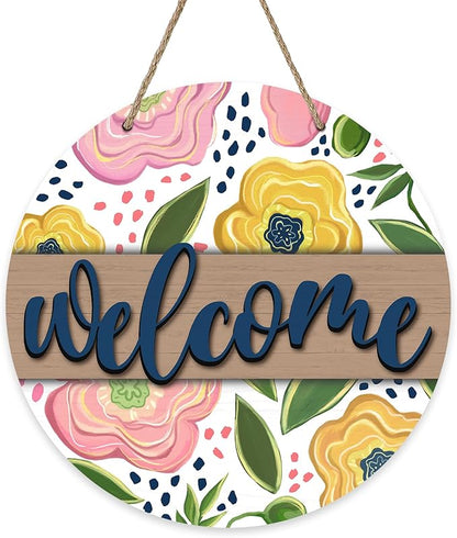 Welcome Spring Summer Flower Front Door Sign, Pink Yellow Floral Wood Door Hanger Outdoor Outside Porch Decor, Farmhouse Wooden Wreath Indoor Wall Hanging Decoration