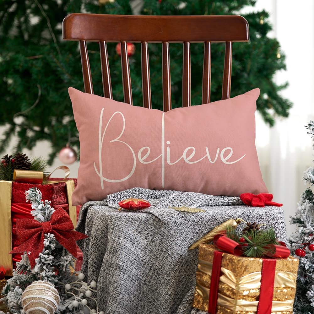 DFXSZ Christmas Throw Pillow Covers 12x20 Inch Set of 2 Merry Christmas Farmhouse Decorations Believe Holiday Decor Throw Cushion Case for Home Couch