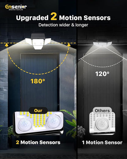 Ensenior Solar Lights Outdoor, IP65 Waterproof Motion Sensor Outdoor Light with Remote Control, 279 LED 4 Heads Solar Security Light with 4 Mode, 270° Wide Angle Solar Flood Light for Outside, 2 Packs