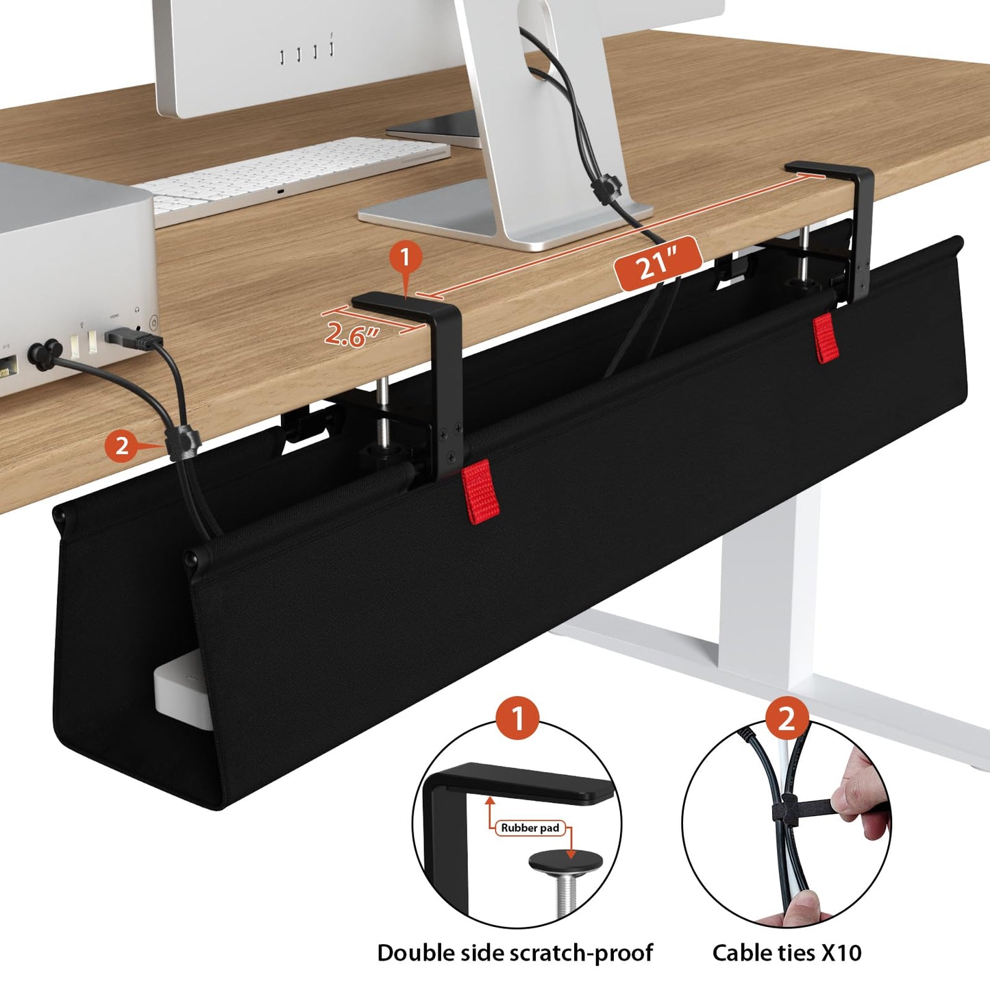Univivi No Drill Under Desk Cable Management Tray, 36" Cord Organizer for Table, Clamp/Screw Mount Desk Cable Management, Premium Fabric Cable Management Tray for Office, Home