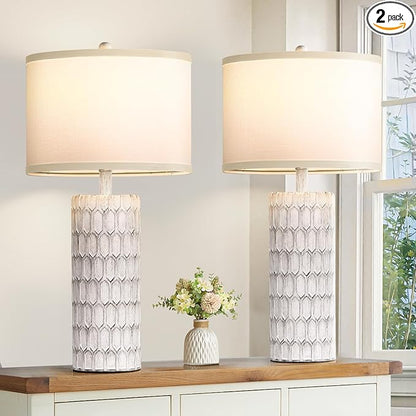 26" Farmhouse Table Lamps for Living Room Set of 2, Antique Traditional End Table Lamps for Bedroom Night Stand, White Shade Rustic Bedside Lamps with Grey-White Resin Body, Bulbs Included