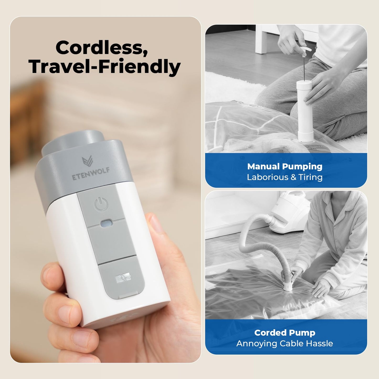 ETENWOLF 20 Pack Vacuum Storage Bags with Rechargeable Wireless Pump, Vacuum Seal Bags for Clothes and Travel, Space Saver Bags in Multiple Carry-On Sizes, Perfect for Luggage and Suitcases
