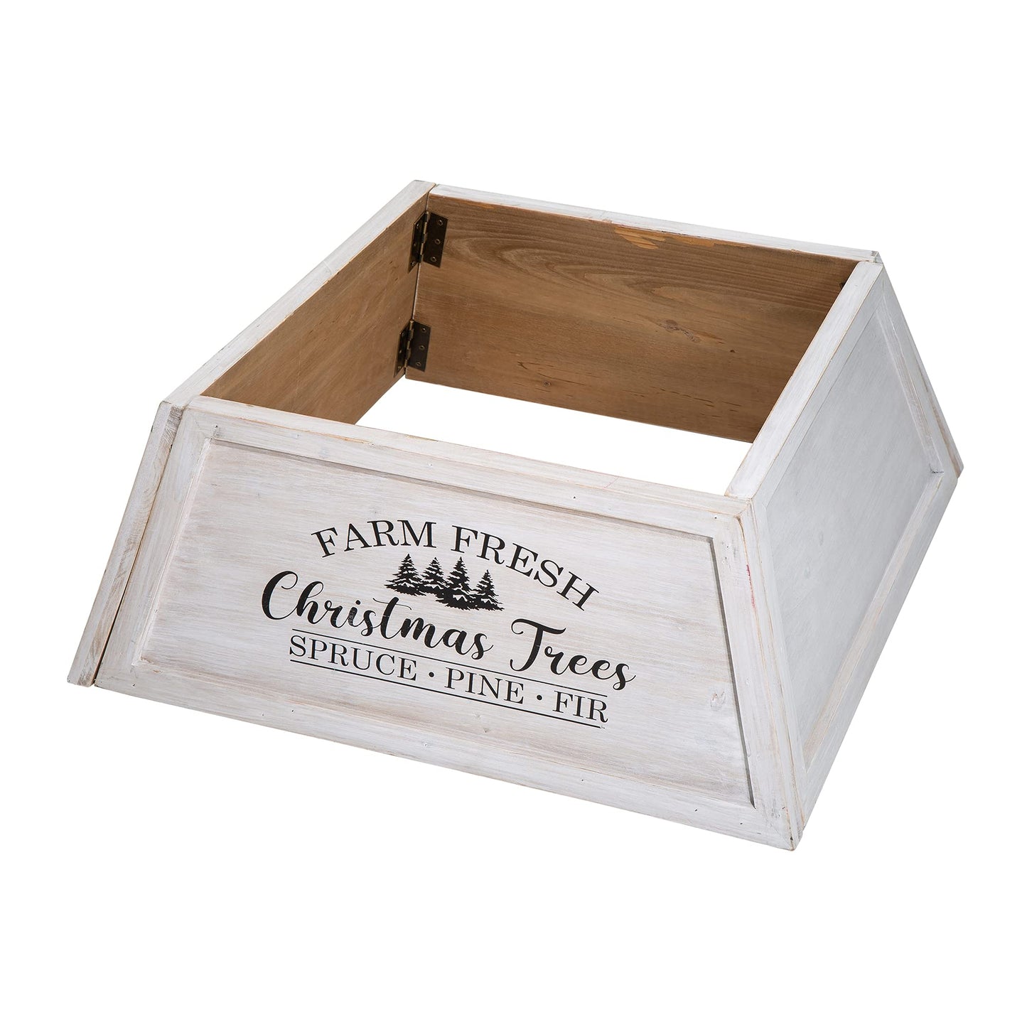 Glitzhome 26" L Washed White Wooden Tree Collar, Rustic Trapezoid Tree Stand Cover Farm Fresh Christmas Tree Skirt Box