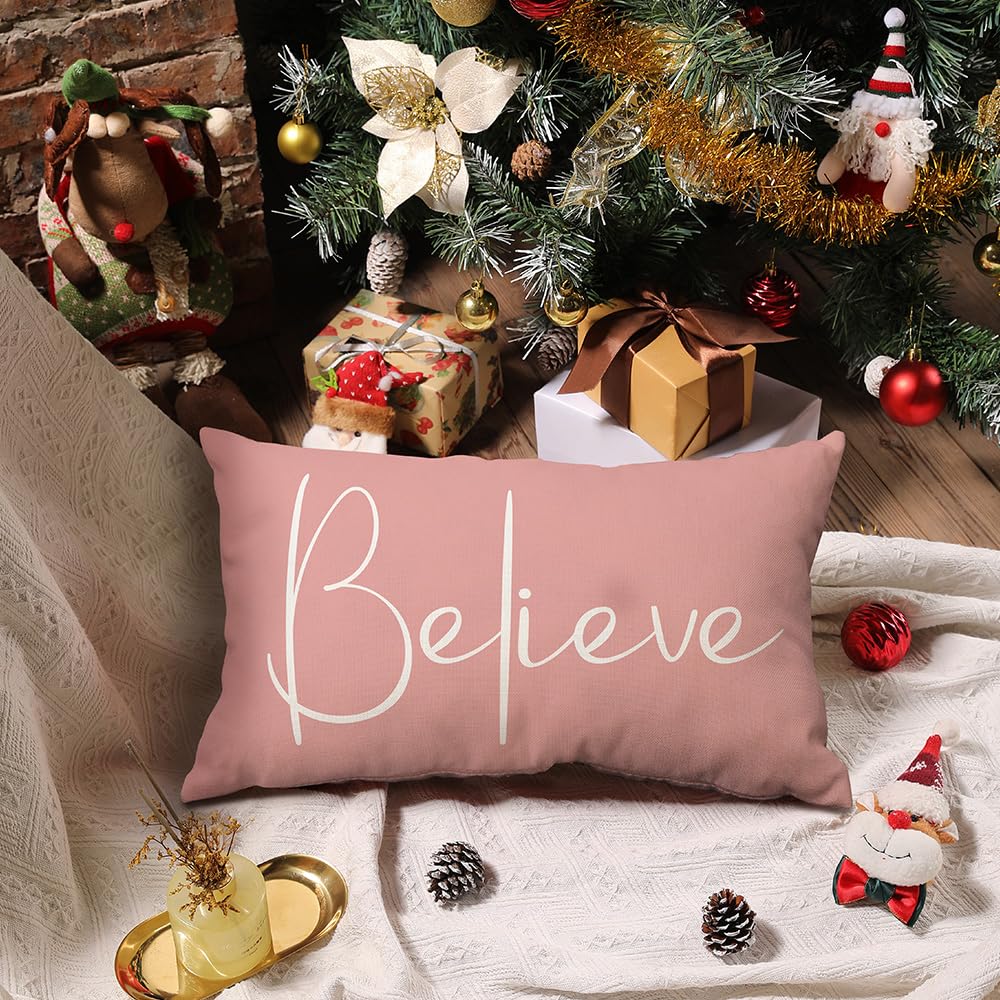 DFXSZ Christmas Throw Pillow Covers 12x20 Inch Set of 2 Merry Christmas Farmhouse Decorations Believe Holiday Decor Throw Cushion Case for Home Couch