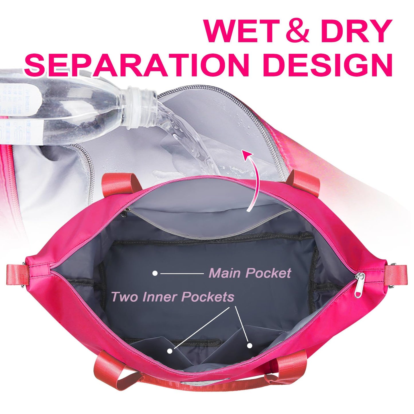 WOOMADA Weekender Bag for Women, Travel Duffel with Shoe Compartment & Wet Pocket, Personal Item & Overnight Bag for Airlines, Sport Gym Tote (Hot Pink)