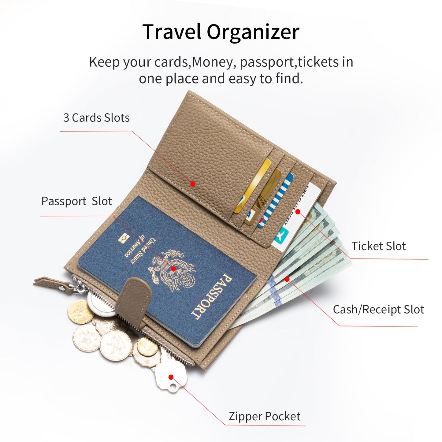 ilovever Passport wallet and Card Slot Combo RFID Blocking Slim Leather Travel Passport Wallet for Men and Women with Zippered Coins Pocket Passport holder, Grey