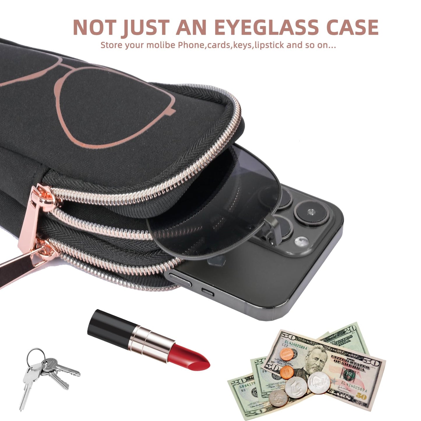 popolov Double Eyeglass Case Soft,Portable Dual Glasses Cases with 2 Compartments Zipper Closure for Men Women Travel