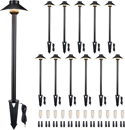 Gardenreet Low Voltage Landscape Path Light Solid Brass, 3 Color Temp Selectable LED Driveway Light Waterproof, Hat Shaped 12V Wired Black for Walkway Garden with 3W 270LM G4 Bulb (12 Pack)