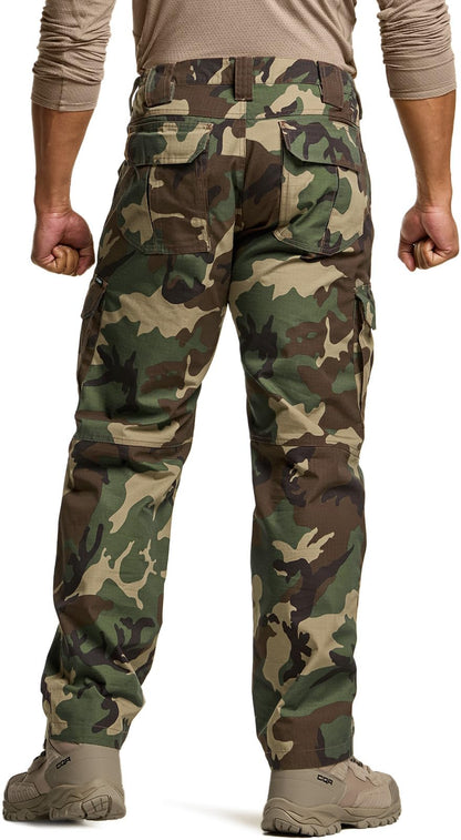 CQR Men's Tactical Pants, Water Resistant Ripstop Cargo Pants, Lightweight EDC Work Hiking Pants, Outdoor Apparel, Duratex Mag Pocket Print Woodland Camo, 40W x 32L