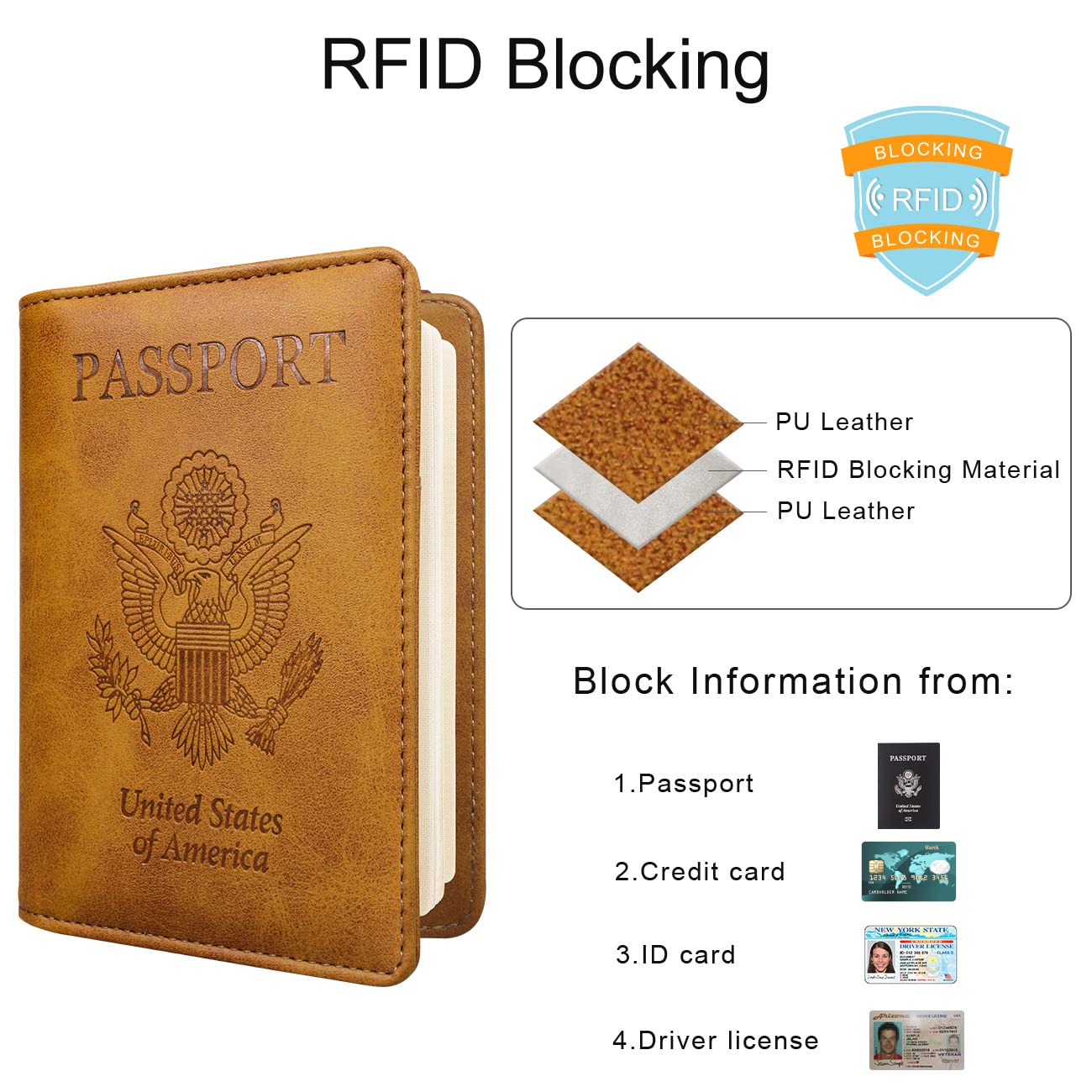 WALNEW Passport Holder for Travel, RFID Passport Cover Wallet for Women Men, PU Leather Passport Book Card Holder Case with Pen (Elastic Band Closure, AA-Brown+Rosegold)